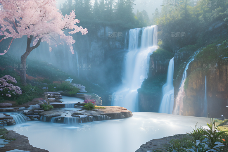 梦幻云端粉色桃花光影流转