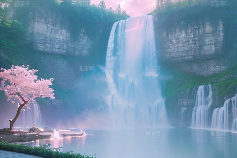 梦幻云端粉色桃花光影流转