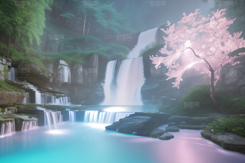 梦幻云端粉色桃花光影流转