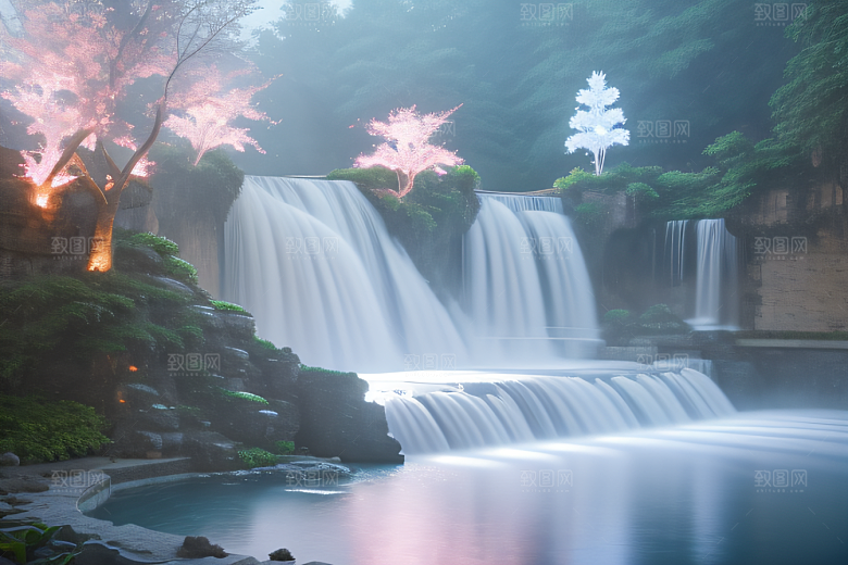 白云缥缈粉色桃花梦幻光影
