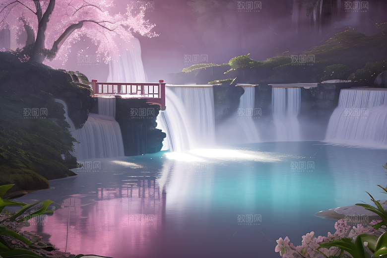 白云缥缈粉色桃花梦幻光影