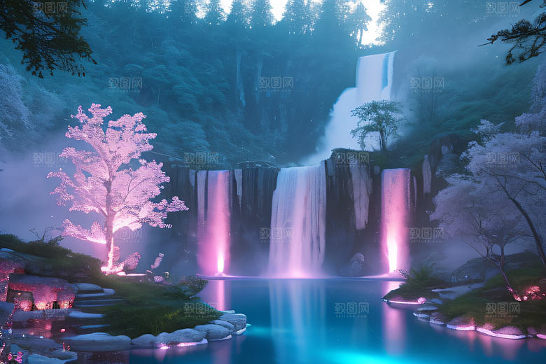 白云缥缈粉色桃花梦幻光影