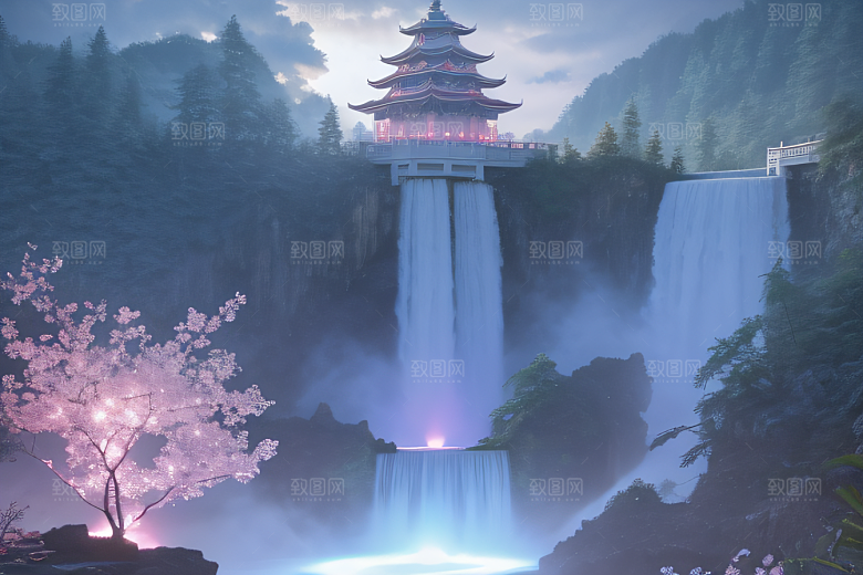 白云缥缈粉色桃花梦幻光影