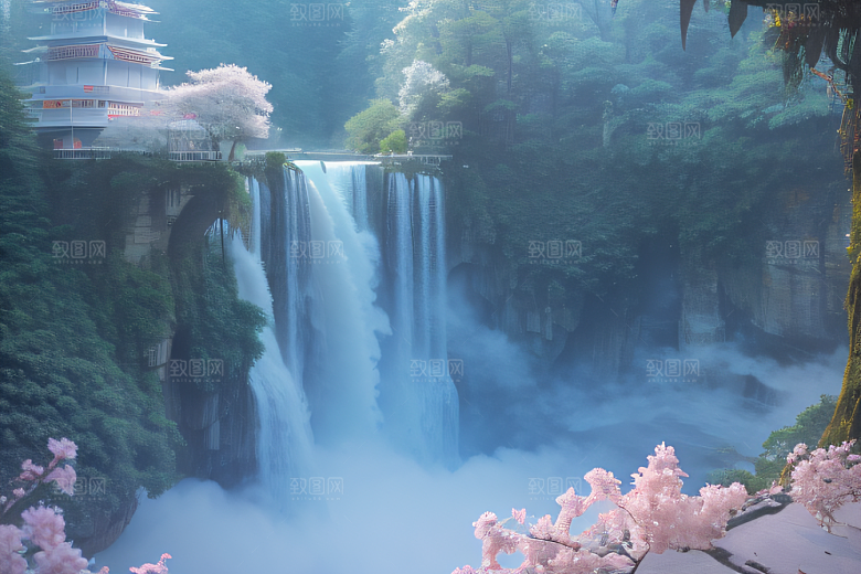 白云缥缈粉色桃花梦幻光影