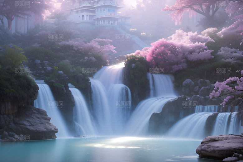白云缥缈粉色桃花梦幻光影
