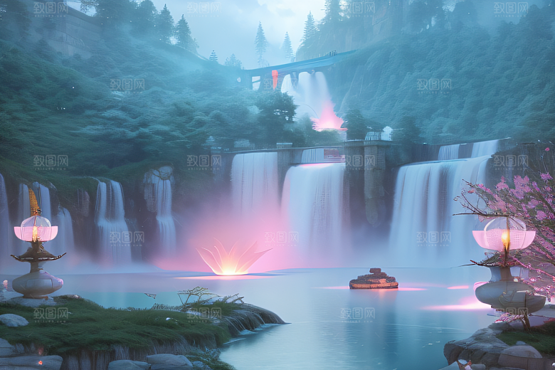 白云缥缈粉色桃花梦幻光影