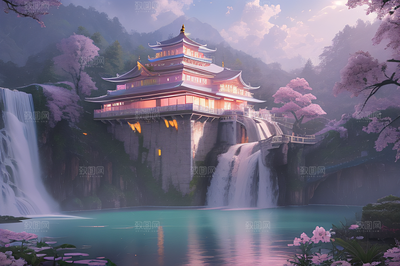 世外桃源白瓷宫殿水雾缭绕