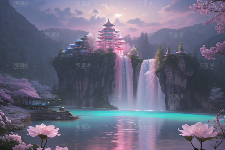 世外桃源白瓷宫殿水雾缭绕