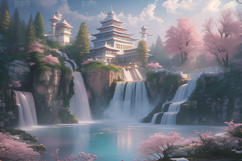 世外桃源白瓷宫殿水雾缭绕