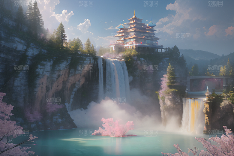 世外桃源白瓷宫殿水雾缭绕