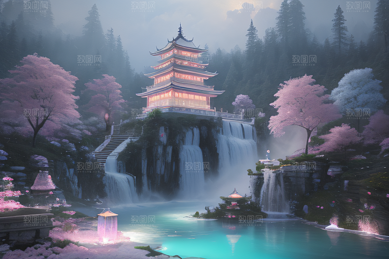 世外桃源白瓷宫殿水雾缭绕