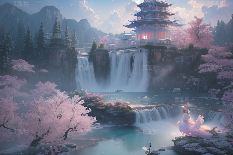 世外桃源白瓷宫殿水雾缭绕