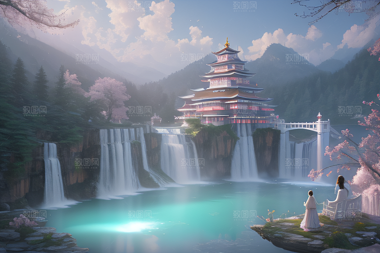 世外桃源白瓷宫殿水雾缭绕