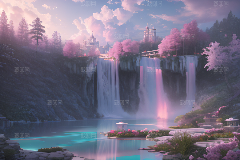 世外桃源白瓷宫殿水雾缭绕