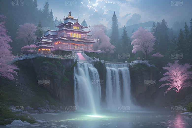 世外桃源白瓷宫殿水雾缭绕