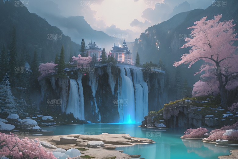世外桃源白瓷宫殿水雾缭绕