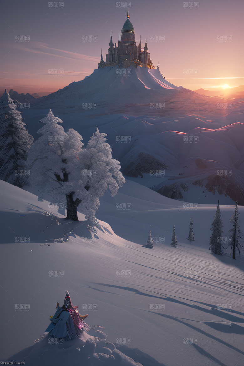 冰雪中的黄昏与日落