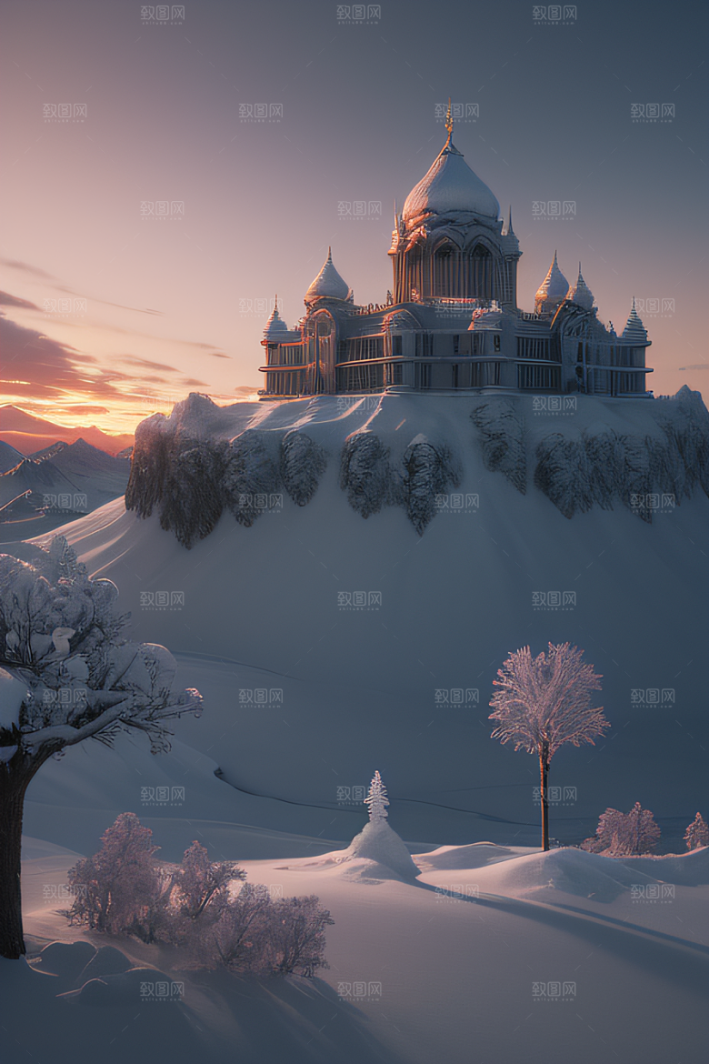 冰雪中的黄昏与日落