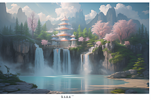 梦幻光影白云飘渺水光山色