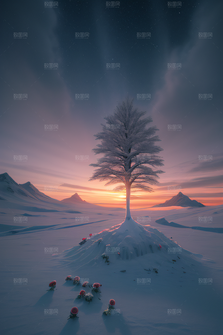冰雪中的黄昏与日落