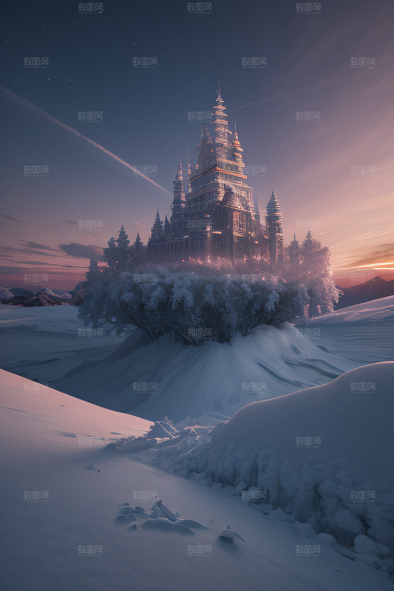 冰雪中的黄昏与日落