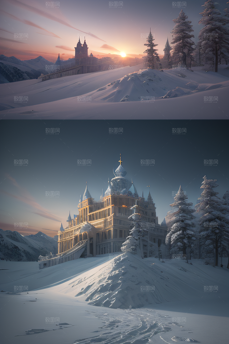冰雪中的黄昏与日落