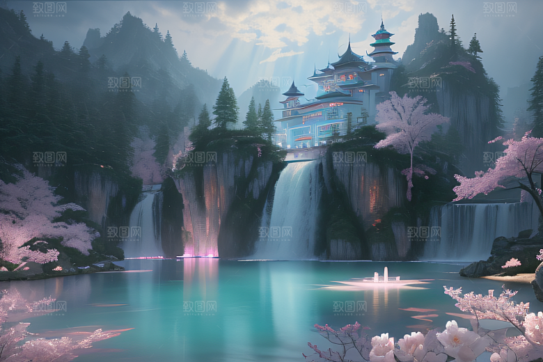 梦幻之地水雾弥漫光影璀璨