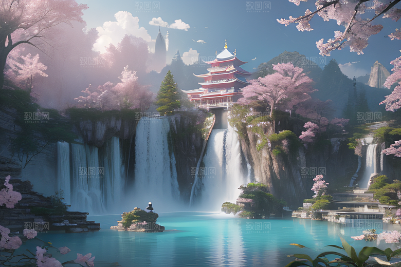 梦幻云端粉色桃花光影流转