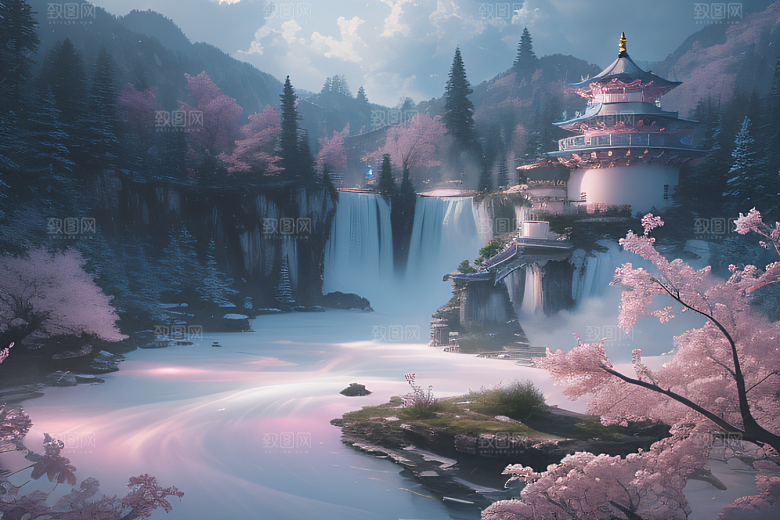 梦幻云端粉色桃花光影流转