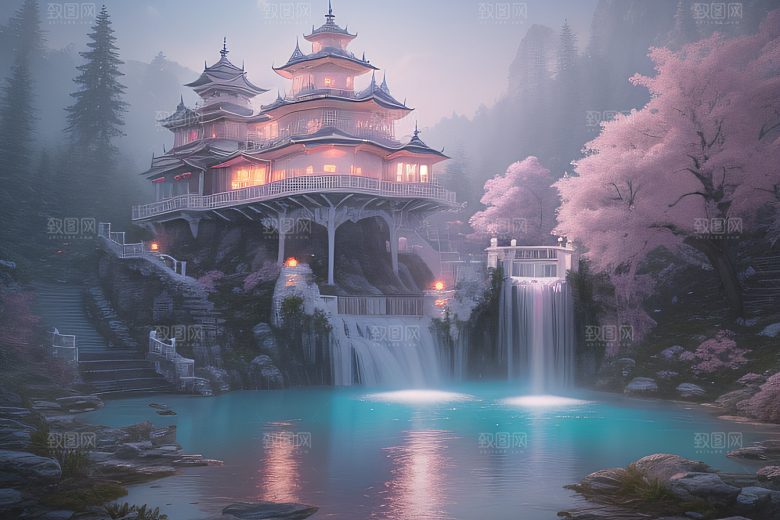 梦幻云端粉色桃花光影流转