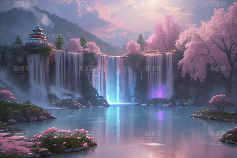 梦幻云端粉色桃花光影流转