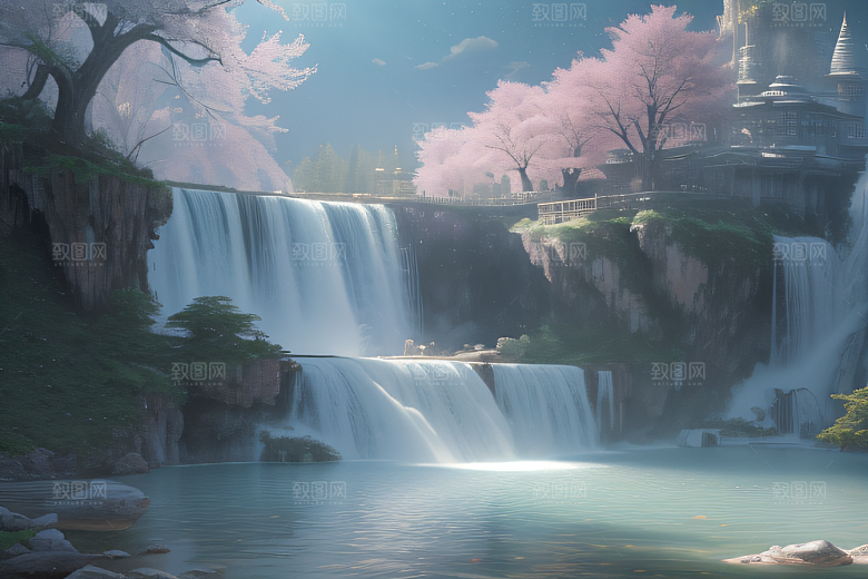 梦幻云端粉色桃花光影流转