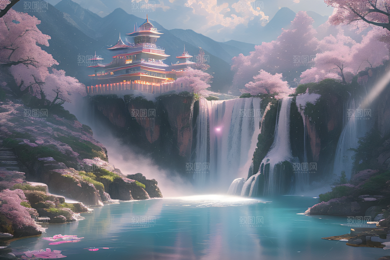 梦幻云端粉色桃花光影流转