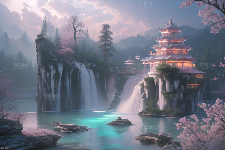 梦幻云端粉色桃花光影流转