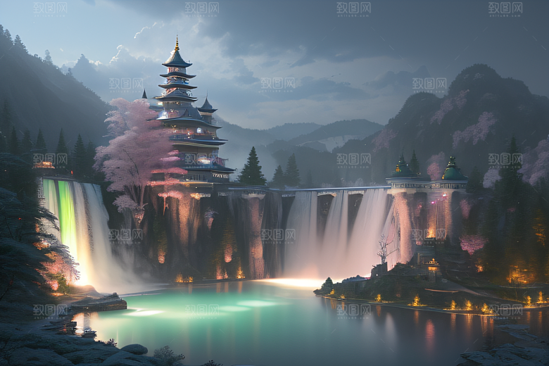 梦幻云端粉色桃花光影流转