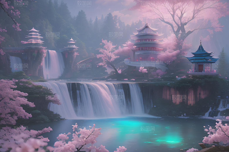 梦幻云端粉色桃花光影流转