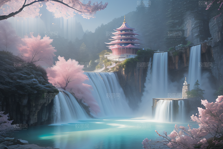 梦幻云端粉色桃花光影流转