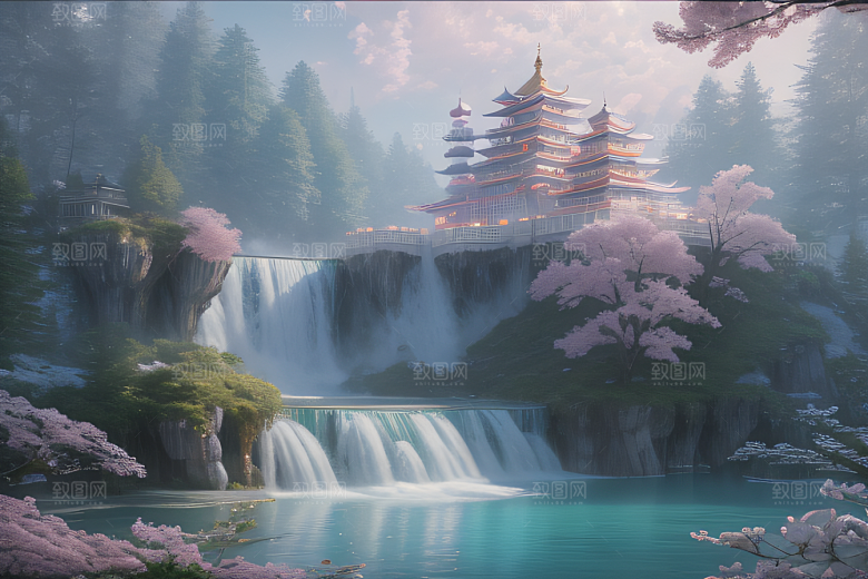 梦幻云端粉色桃花光影流转