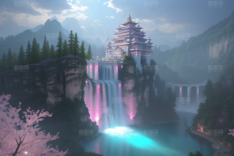梦幻云端粉色桃花光影流转