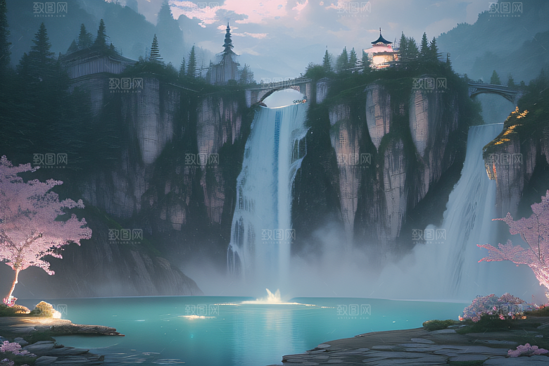 梦幻云端粉色桃花光影流转