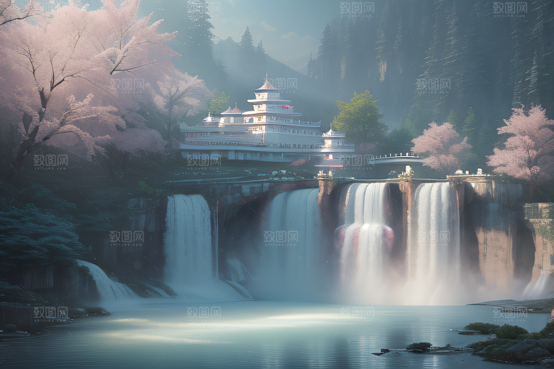 梦幻云端粉色桃花光影流转