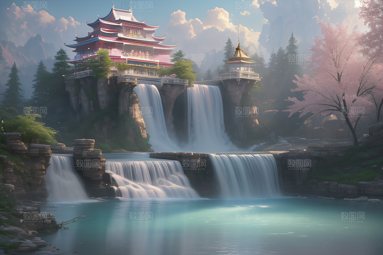 白云缥缈粉色桃花梦幻光影