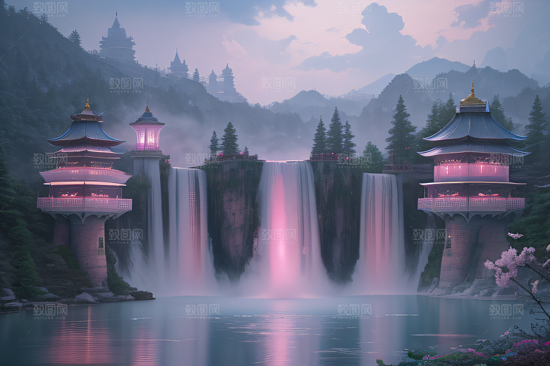 白云缥缈粉色桃花梦幻光影