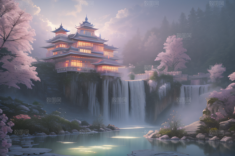 白云缥缈粉色桃花梦幻光影