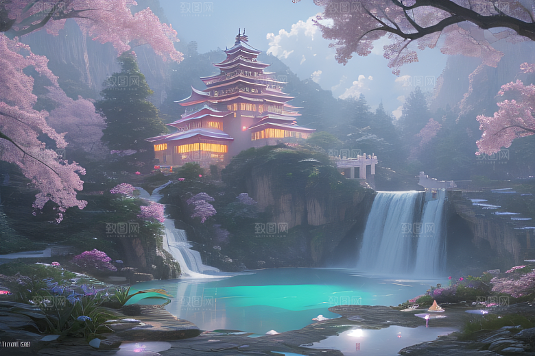 白云缥缈粉色桃花梦幻光影