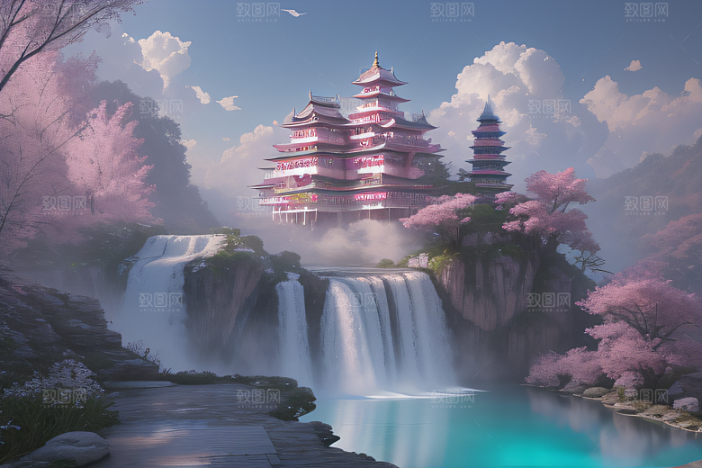 白云缥缈粉色桃花梦幻光影