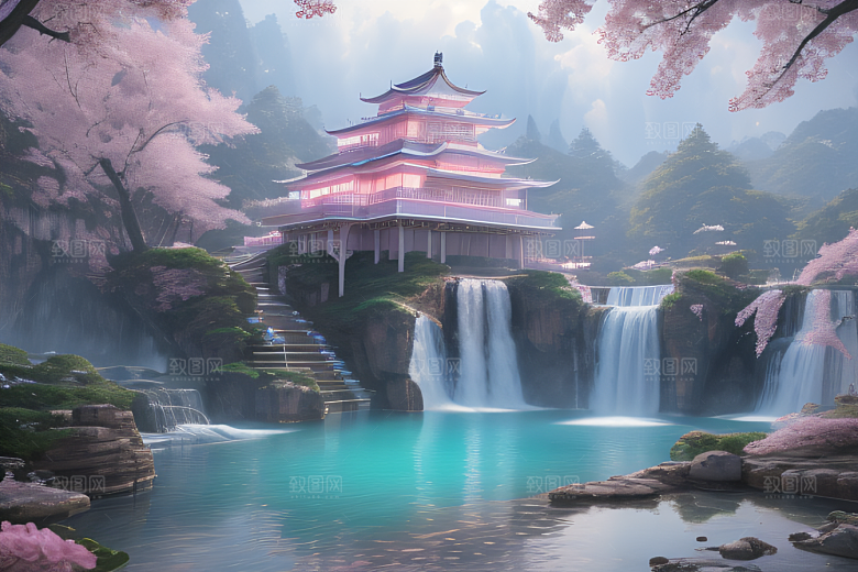白云缥缈粉色桃花梦幻光影