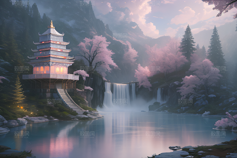 白云缥缈粉色桃花梦幻光影