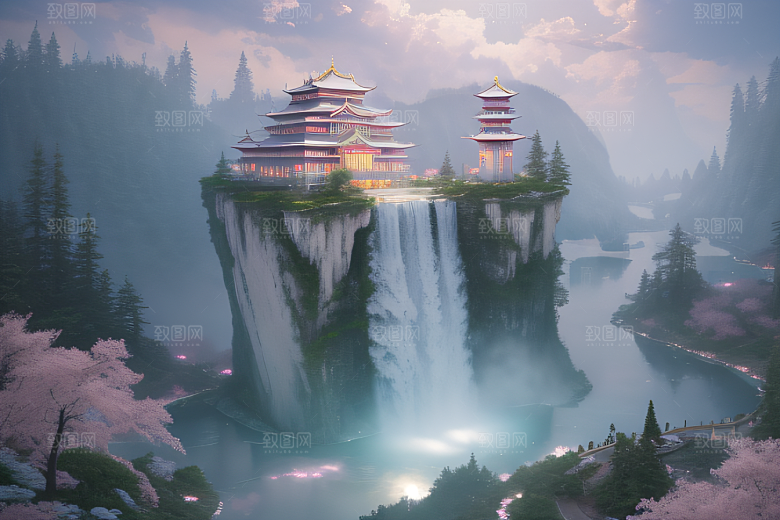 白云缥缈粉色桃花梦幻光影