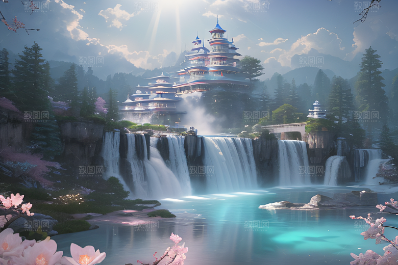 白云缥缈粉色桃花梦幻光影